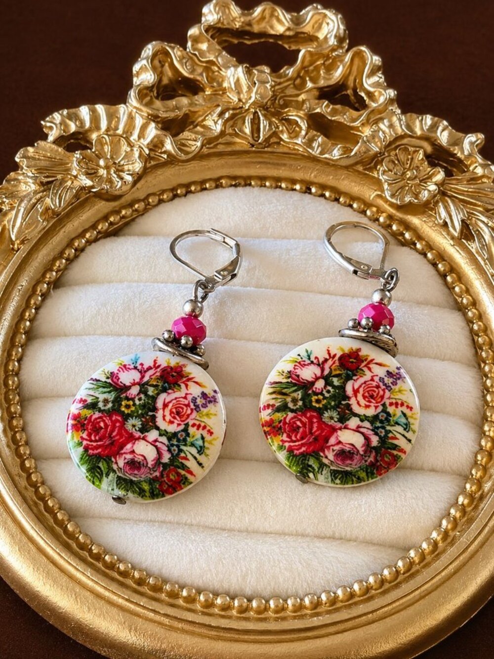 Vintage Rose Cottagecore Floral Drop Earrings Pink Beaded Silver Tone 2"